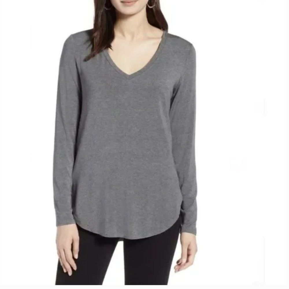 Halogen Grey Vneck Long Sleeve Top